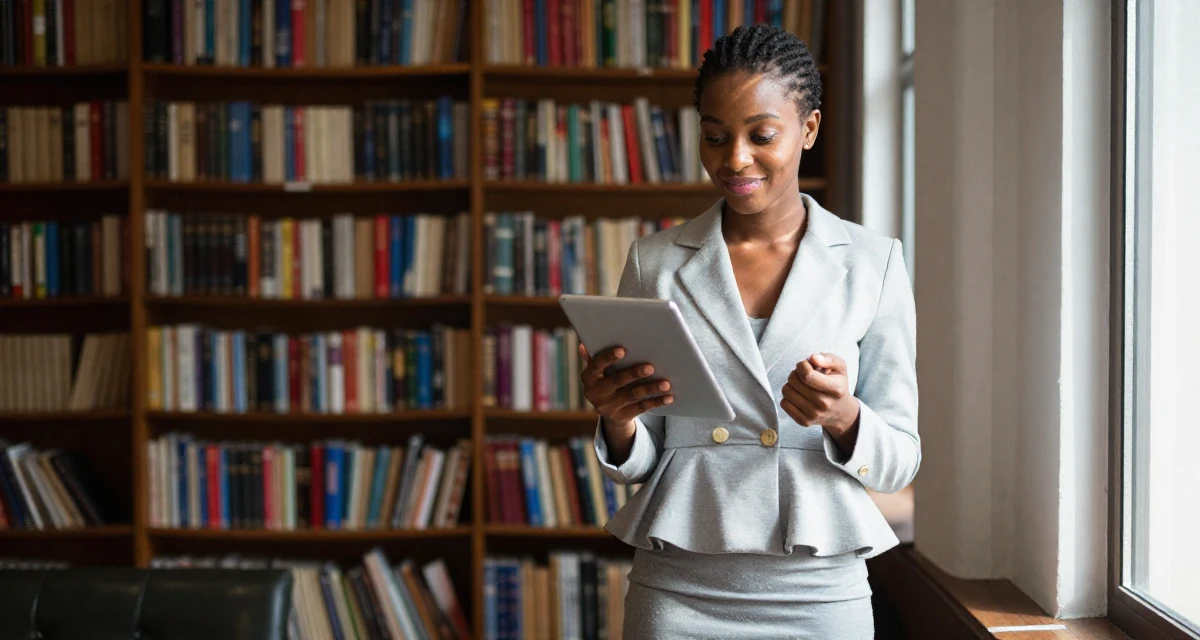 A amused Female From Zimbabwe, studied computer programming in their 25, struggling to maintain motivation in early studies,
wearing a structured peplum jacket and a tight skirt, holding a tablet device in a vintage bookstore.