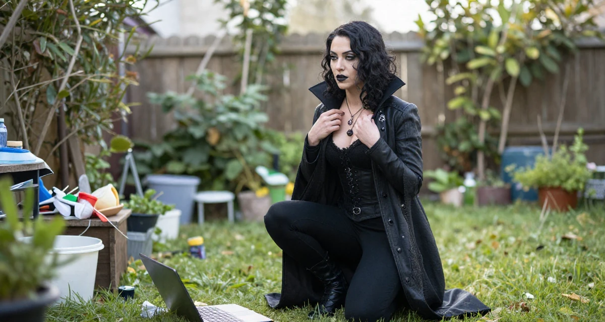 A commanding Female Once a lifeguard, now shooting athletic, beach-centered content in their 30, first-time entrepreneur building a startup,
wearing a gothic vampire hunter outfit with a long coat, touching a necklace in a backyard garden.