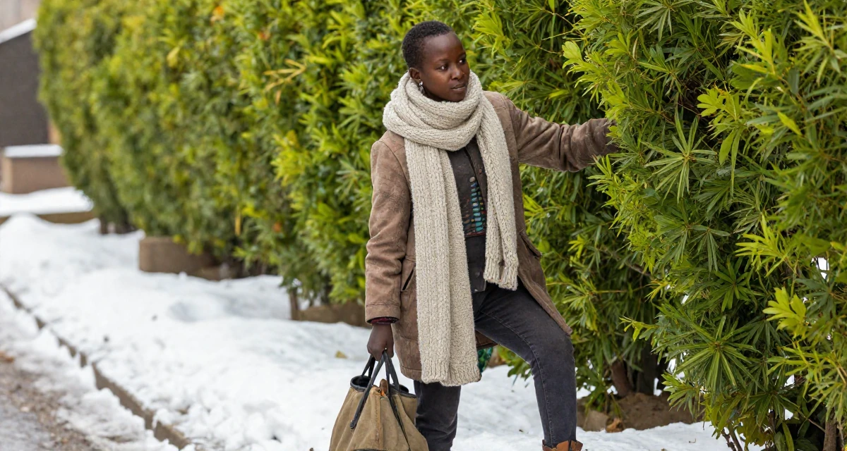 A absent-minded Female From Tanzania, studied wildlife conservation in their 21, realizing childhood friends are drifting away,
wearing a heavy knit scarf and coat, reaching into a bag in a snowy sidewalk.
