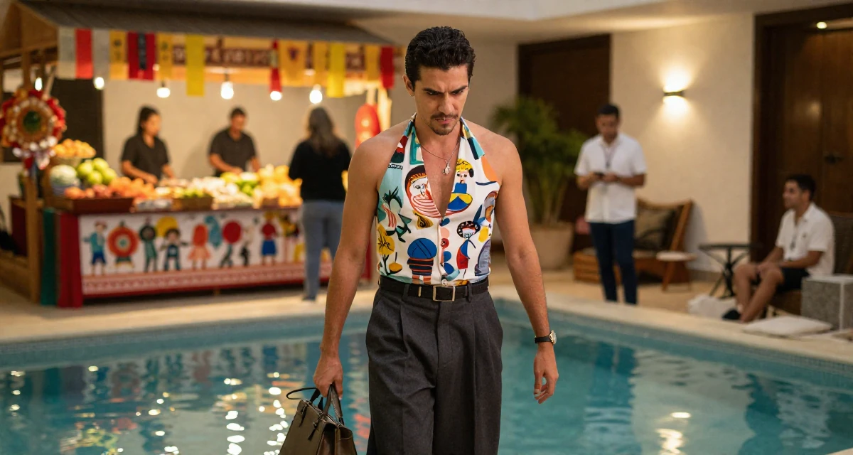 A intimidating male From Mexico, studied graphic design and illustration in their 43, mentoring young professionals in the field,
wearing a halter neck top and wide-leg office trousers, holding a purse tightly in a luxury spa room.