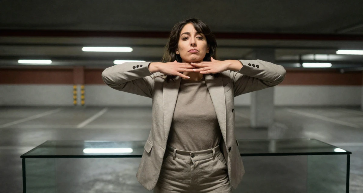 A cold and distant Female From Italy, majored in law in their 23, experimenting with playful facial expressions,
wearing a muted earth-tone clothing set, stretching the neck in a underground parking garage.