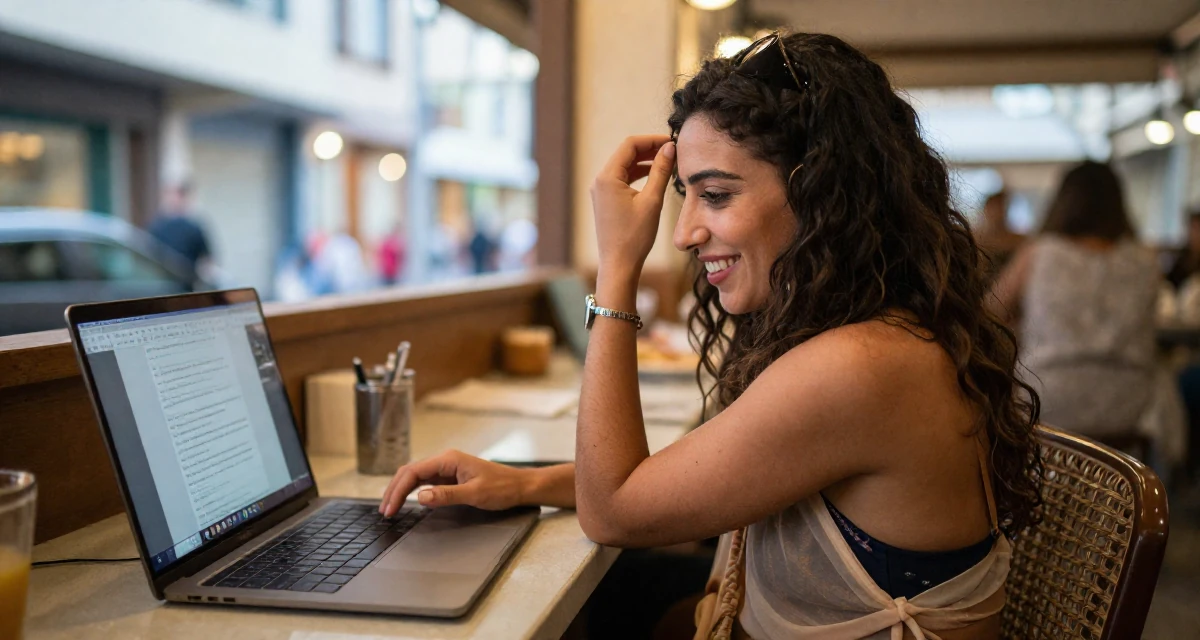 A hopeful Female From Cairo Egypt, studied anthropology in their 26, sacrificing social life for editing deadlines,
wearing a sheer sarong skirt over a swimsuit, adjusting a hairpin in a restaurant booth.