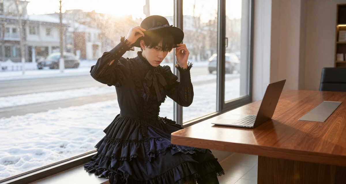 A expectant male Former phone-shop clerk, now combining tech and lifestyle content in their 26, learning to endure hate comments quietly,
wearing a elaborate gothic lolita dress with frills and lace, tipping a hat in a snowy sidewalk.