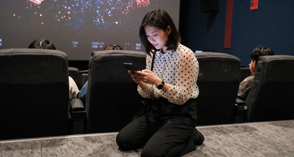 A carefree Female From Chinese-speaking regions, studied mechanical design in their 20, creating content for a growing online audience,
wearing a sheer polka dot blouse and black trousers, checking a phone in a cinema entrance.