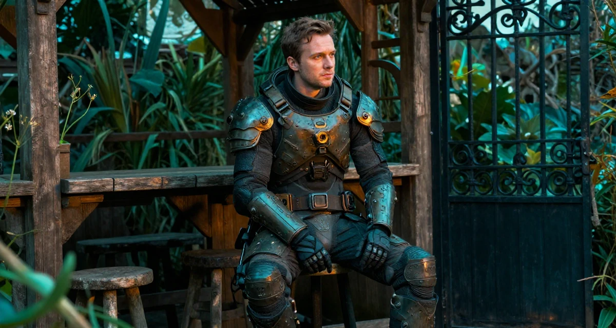 A reflective male From Ireland, based in Cork, graduated from a regional college majoring in digital content creation in their 24, glowing with the confidence of experience,
wearing a biopunk organic armor suit, glancing over the shoulder in a botanical garden.