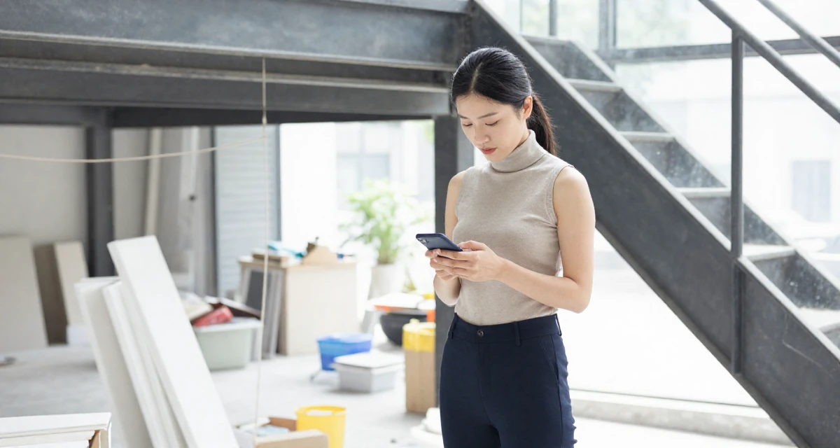 A innocent Female From Chongqing China, holds a degree in psychology in their 42, renovating a forever home with detailed care,
wearing a sleeveless turtleneck top and tailored cigarette pants, checking a notification on a phone in a industrial loft.