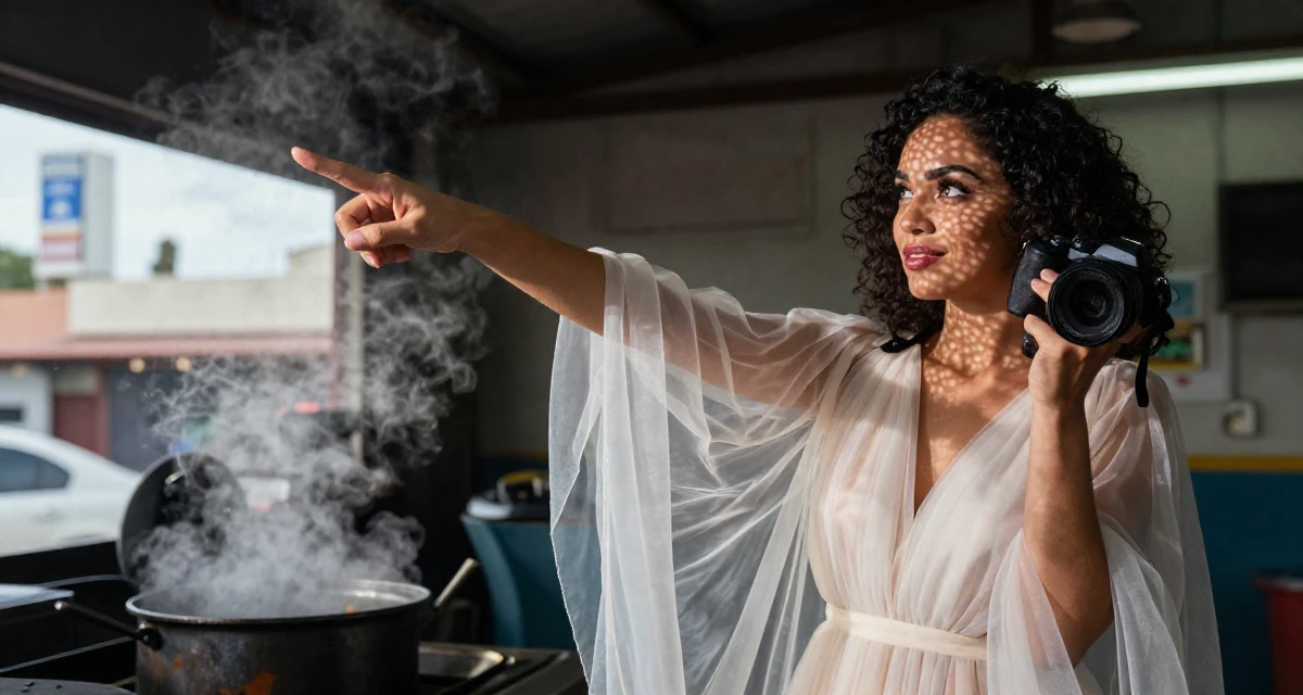 A amused Female From Madagascar, majored in ecotourism in their 23, feeling the thrill of posting a bold outfit for the first time,
wearing a ethereal spirit dress made of flowing sheer chiffon, holding a camera ready to shoot in a mechanic garage.