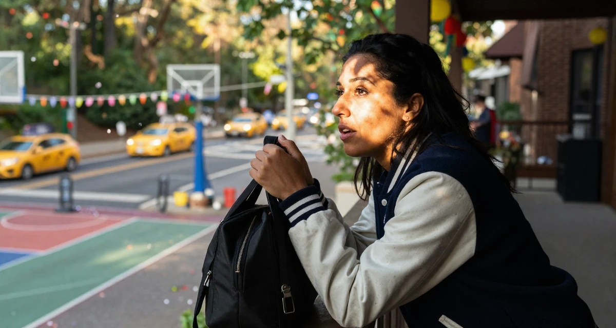 A open and honest Female From United States, majored in hospitality operations in their 42, focused on stability over ambition,
wearing a casual varsity jacket look, looking through a bag in a basketball court.