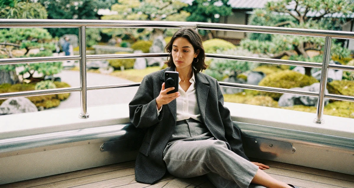 A thoughtfully silent Female Grew up in Argentina, majored in audiovisual production in their 25, learning to flirt through camera presence alone,
wearing a refined casual Friday look, taking a photo in a cruise ship deck.