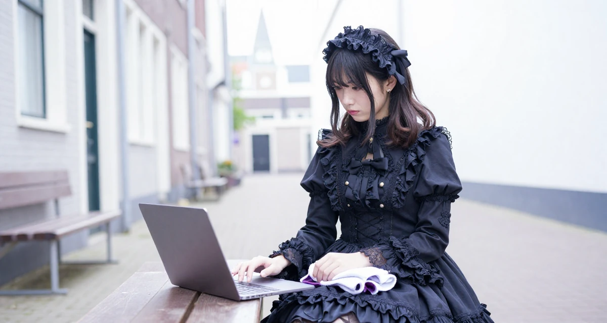 A stoic Female From the Netherlands, based in Utrecht, graduated from a creative academy majoring in UX design in their 22, experimenting with online creative platforms,
wearing a elaborate gothic lolita dress with frills and lace, holding a gym towel in a neon-lit alleyway.