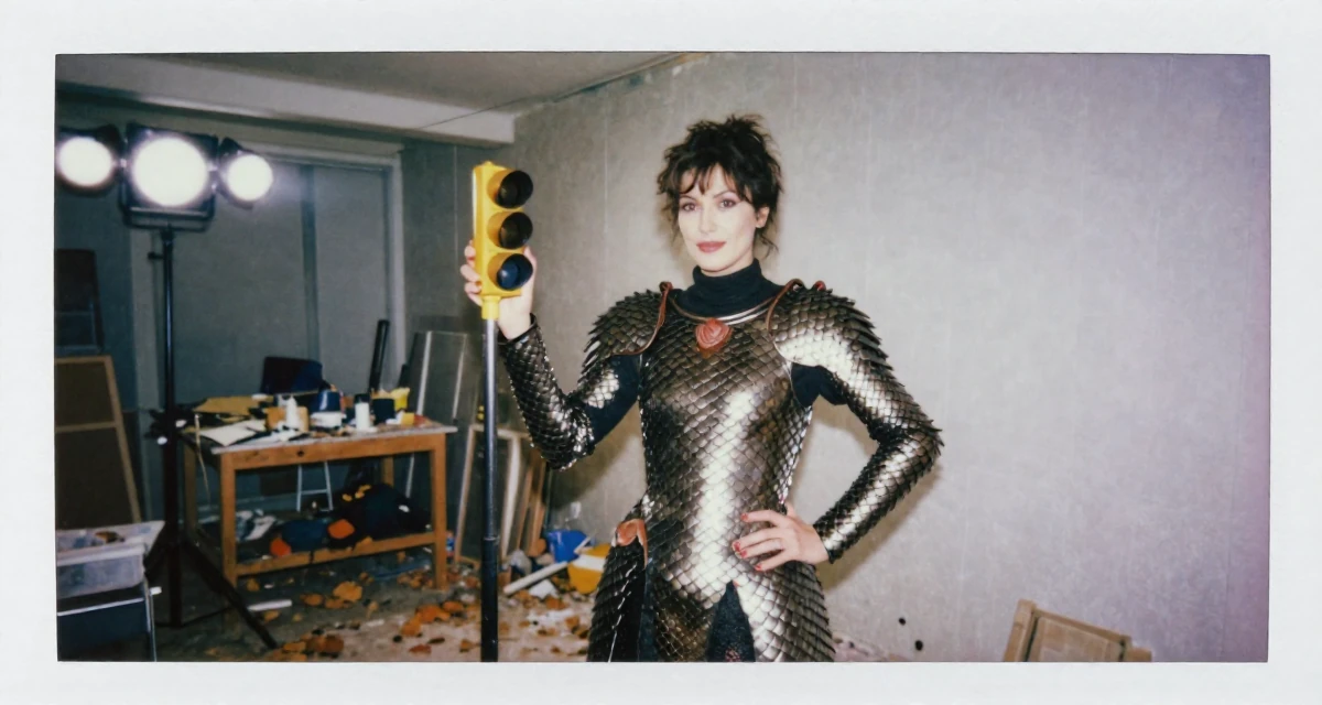 A bold and charismatic Female From Germany, studied information engineering in their 42, renovating a forever home with detailed care,
wearing a dragon scale armor texture with metallic sheen, waiting for a light to change in a messy artist studio.