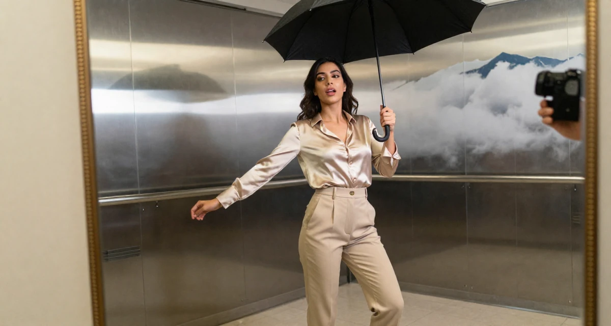 A passionate Female From Arabic-speaking world, majored in health administration in their 32, exploring sustainable fashion and ethical living,
wearing a high-waisted beige trousers and a tucked-in satin blouse, holding an umbrella in a conference room.