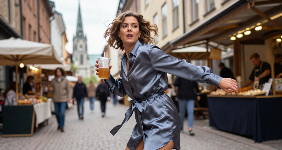 A glowing Female Born in Norway, majored in consumer psychology in their 30, trying to escape corporate burnout,
wearing a silk shirt dress with a tie waist, holding a cold drink in a quaint European street.
