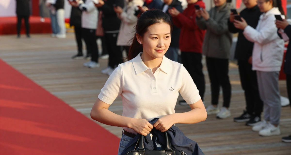 A smirking Female From Mongolia, based in Ulaanbaatar, graduated from a national university majoring in media studies in their 22, becoming more aware of personal boundaries with fans,
wearing a smart knit polo, closing a bag in a red carpet event.