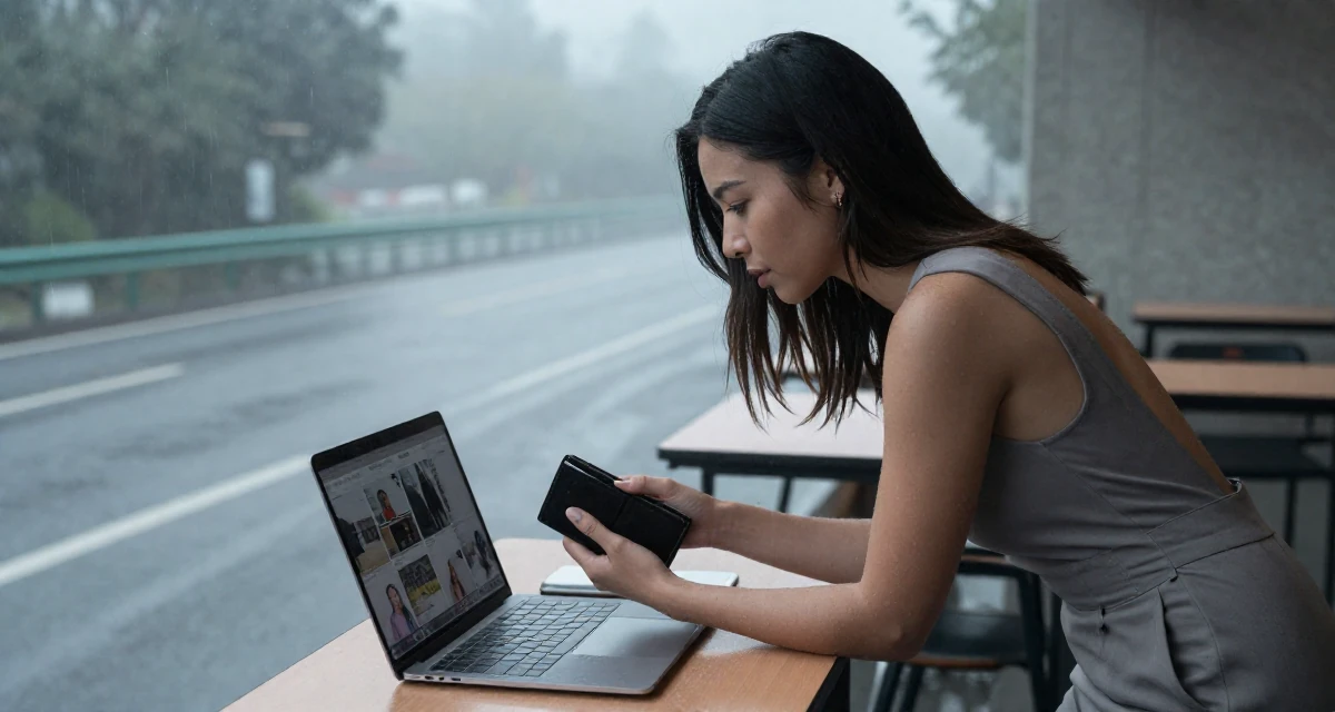 A focused Female Once a violin student, now sharing aesthetic performance clips in their 23, saving aggressively for a dream travel trip,
wearing a fitted jumpsuit with an open back design, checking a wallet in a classroom setting.