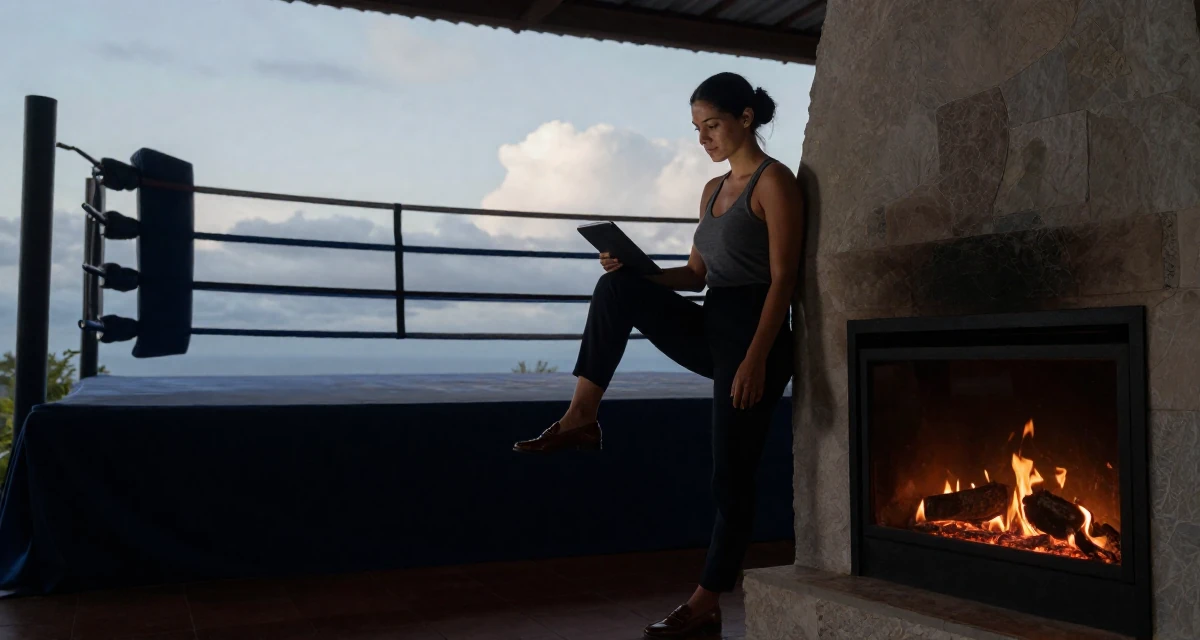 A confident Female From Costa Rica, studied environmental engineering in their 30, rebuilding self-worth beyond content performance,
wearing a polished loafer and trousers look, holding a tablet device in a boxing ring.