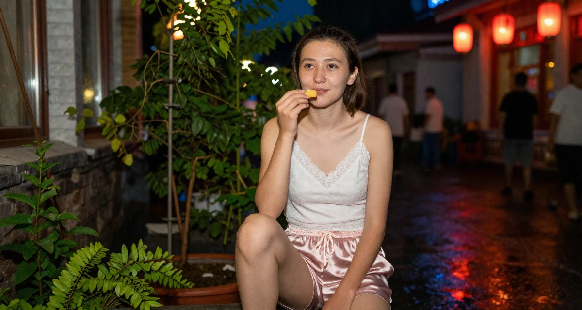 A humble Female From Kyrgyzstan, majored in public health in their 20, feeling invincible on a night out with friends,
wearing a lace-trimmed camisole and silk lounge shorts, holding a snack in a rainy street corner.