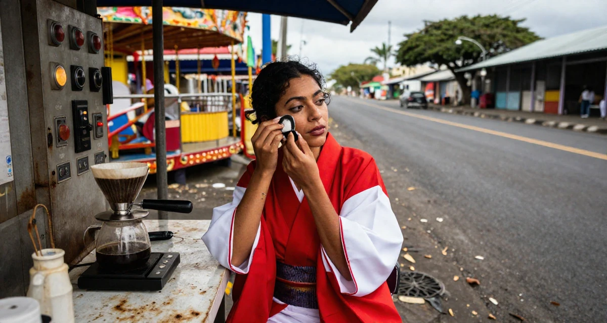 A alluring Female From Mauritius, studied digital marketing in their 36, expert in coffee culture and brewing,
wearing a traditional Japanese miko priestess robe in red and white, checking makeup in a compact mirror in a carnival with rides.