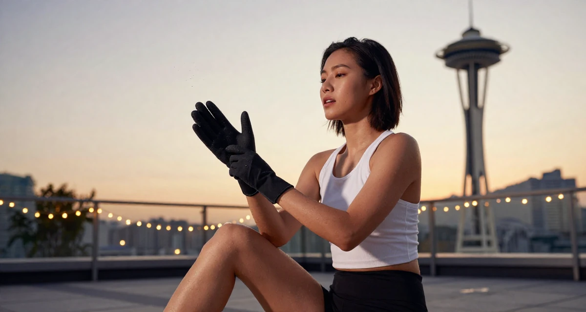 A inspired Female From Hong Kong, based in Kowloon, graduated from a community college majoring in film studies in their 22, adapting to the shift from school to full-time work,
wearing a minimalist Scandinavian style, removing a glove in a rooftop terrace at sunset.