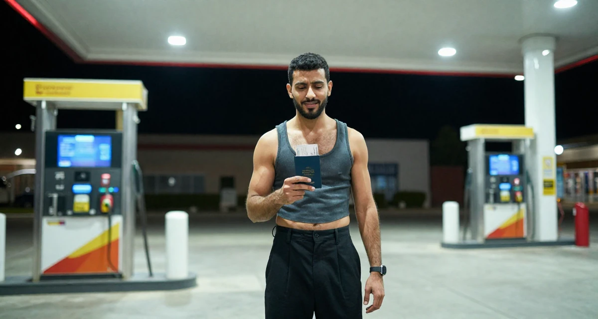 A sympathetic male From Arabic-speaking world, majored in health administration in their 25, dealing with anxiety about first paying subscribers,
wearing a cropped bustier top and high-waisted slacks, holding a passport or ticket in a gas station at night.