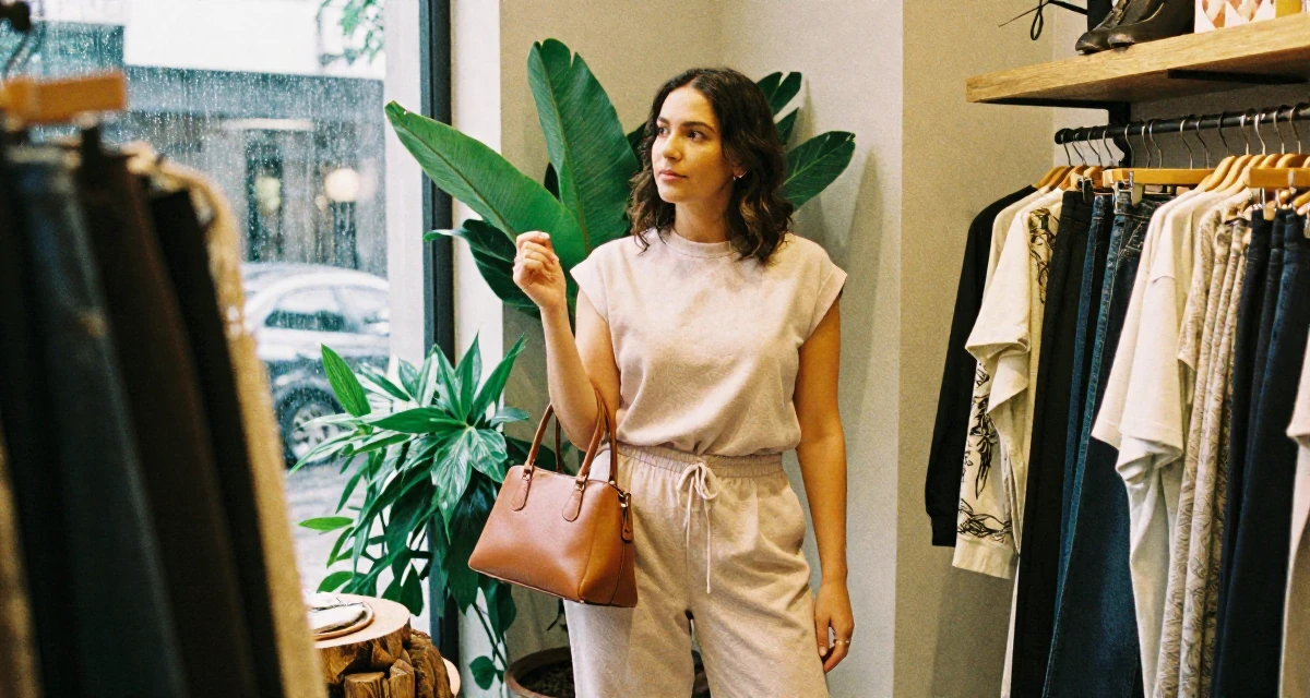 A absent-minded Female From São Paulo Brazil, studied digital entertainment in their 37, sharing tips for successful networking,
wearing a soft pastel-colored ensemble, carrying a leather handbag in a clothing boutique.