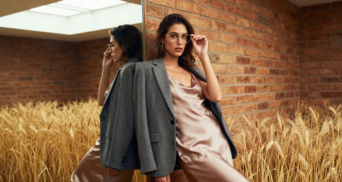A ambitious Female From Uruguay, studied anthropology in their 33, struggling with work-life balance,
wearing a satin slip skirt paired with a structured blazer, adjusting glasses in a golden wheat field.