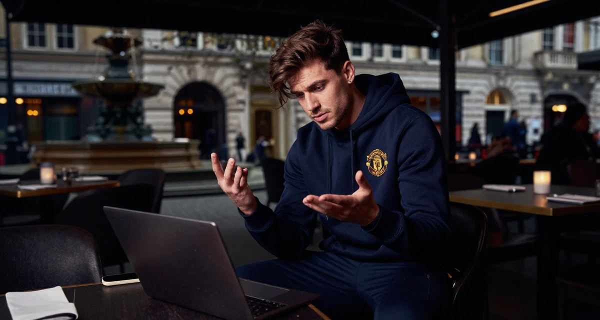 A proud male From Manchester United Kingdom, studied sports science in their 26, juggling real-life chaos with online expectations,
wearing a classic navy blue ensemble, pushing hair from face in a high-end restaurant.