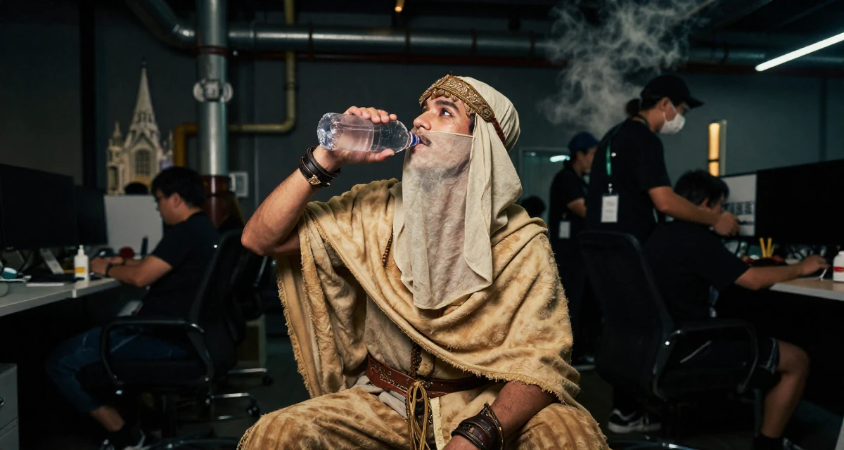 A satisfied male From Macau, learned performance makeup from casino backstage crews in their 44, handling high healthcare expenses,
wearing a desert nomad wrap outfit with a face veil, drinking from a water bottle in a busy coworking space.