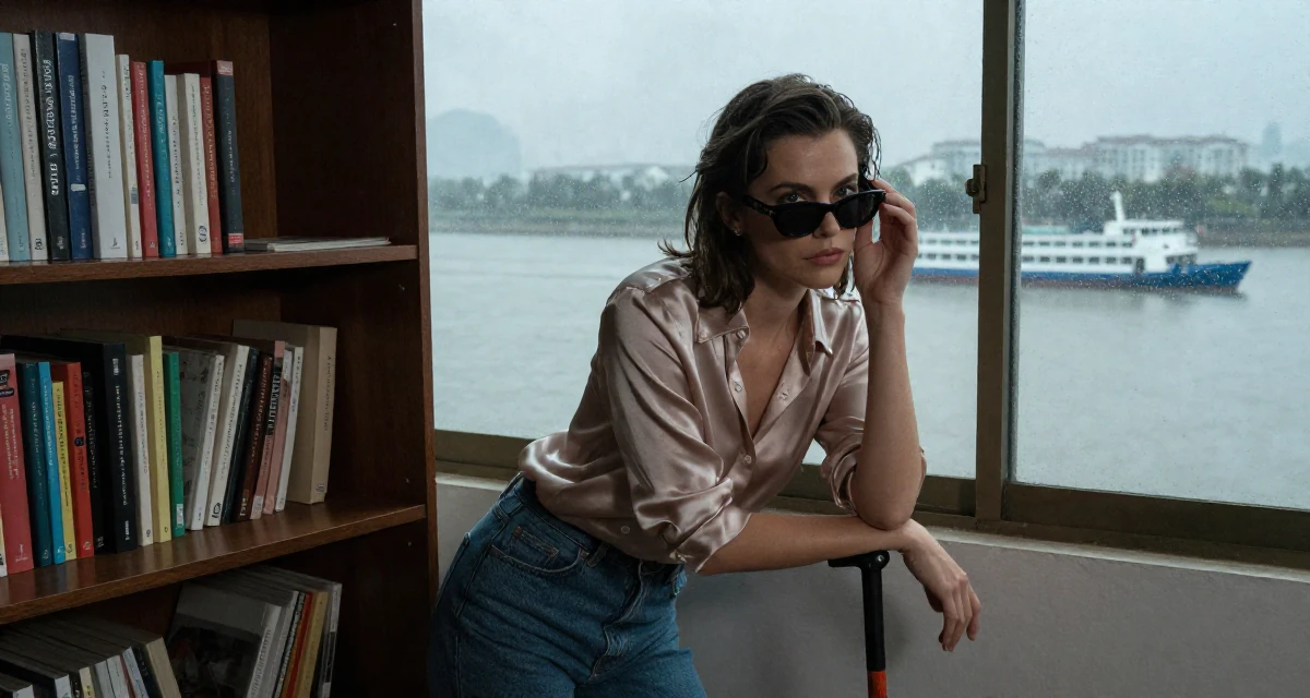 A assertive Female Once a med-school dropout, now exploring emotional vulnerability through art in their 23, discovering the thrill of tasteful seduction,
wearing a soft silk blouse and jeans, lowering sunglasses to look out in a classroom setting.