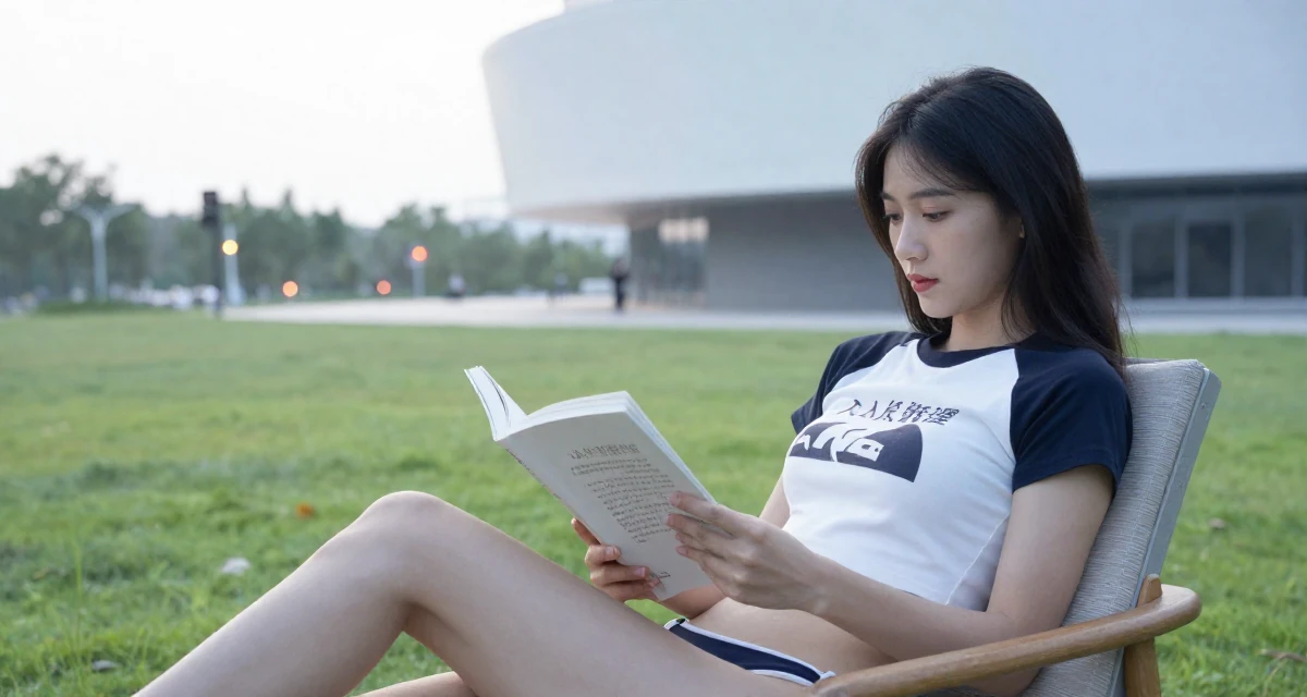A self-assured Female From China, holds a degree in human resource management in their 22, managing new financial responsibilities,
wearing a cropped graphic tee and bikini bottoms, opening a book in a quiet park.