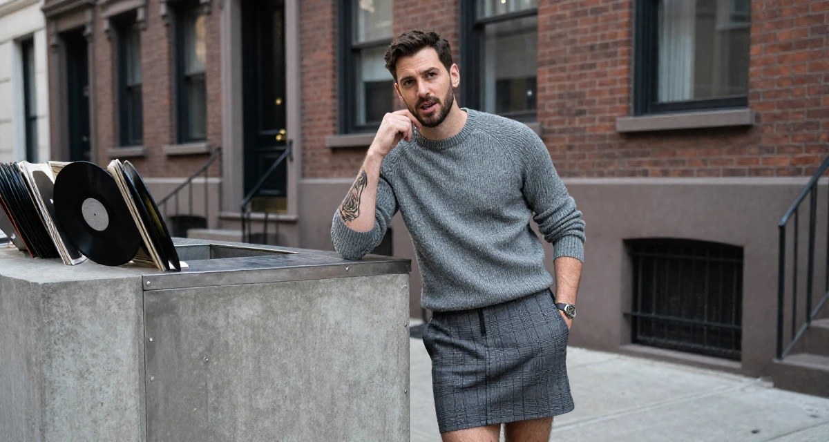 A proud and dignified male Once a tattoo shop cashier, now modeling body-art-centric content in their 23, decoding the unwritten rules of corporate life,
wearing a fitted merino wool sweater and plaid mini skirt, gesturing while talking in a city sidewalk.