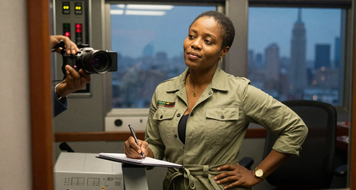 A unbothered Female From Cameroon, majored in applied statistics in their 50, exploring semi-retirement options,
wearing a modern utilitarian outfit, writing in a notebook in a radio station.