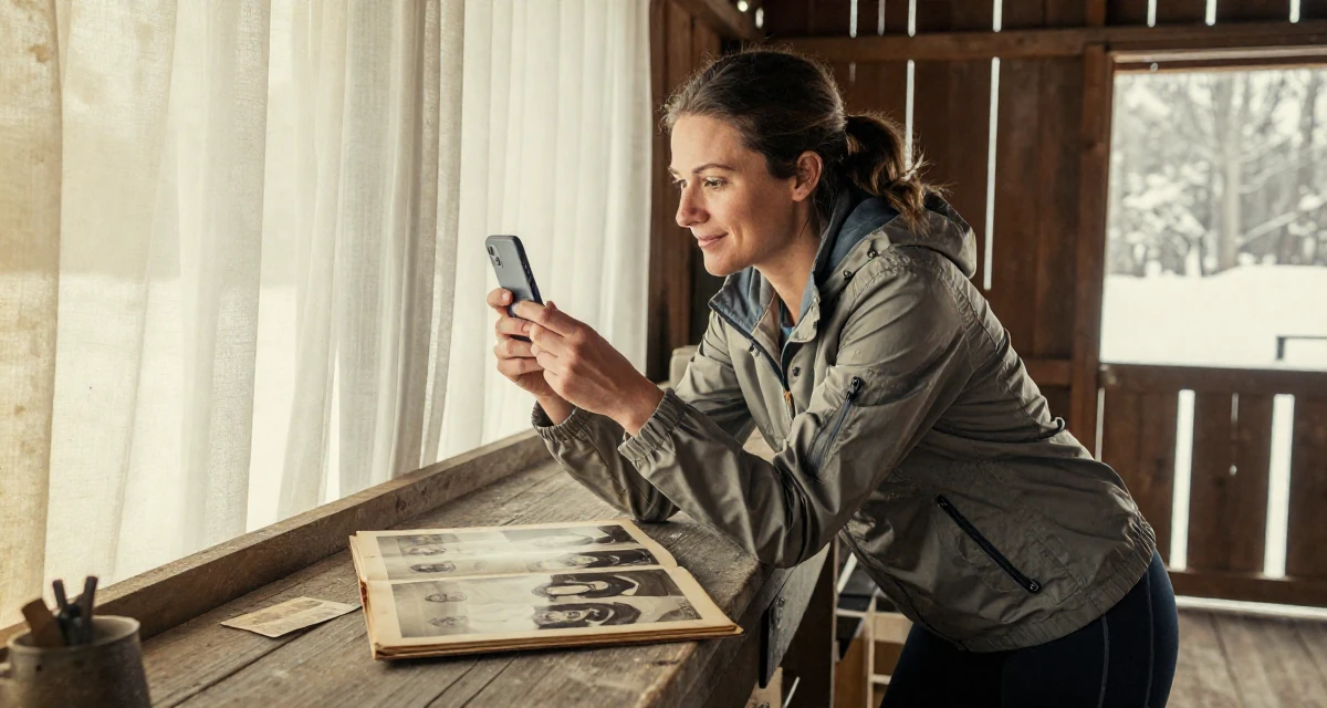 A quietly happy Female From USA, studied anthropology and folklore in their 25, shaping long-term career direction,
wearing a sporty windbreaker and leggings, snapping a photo with a phone in a barn interior.