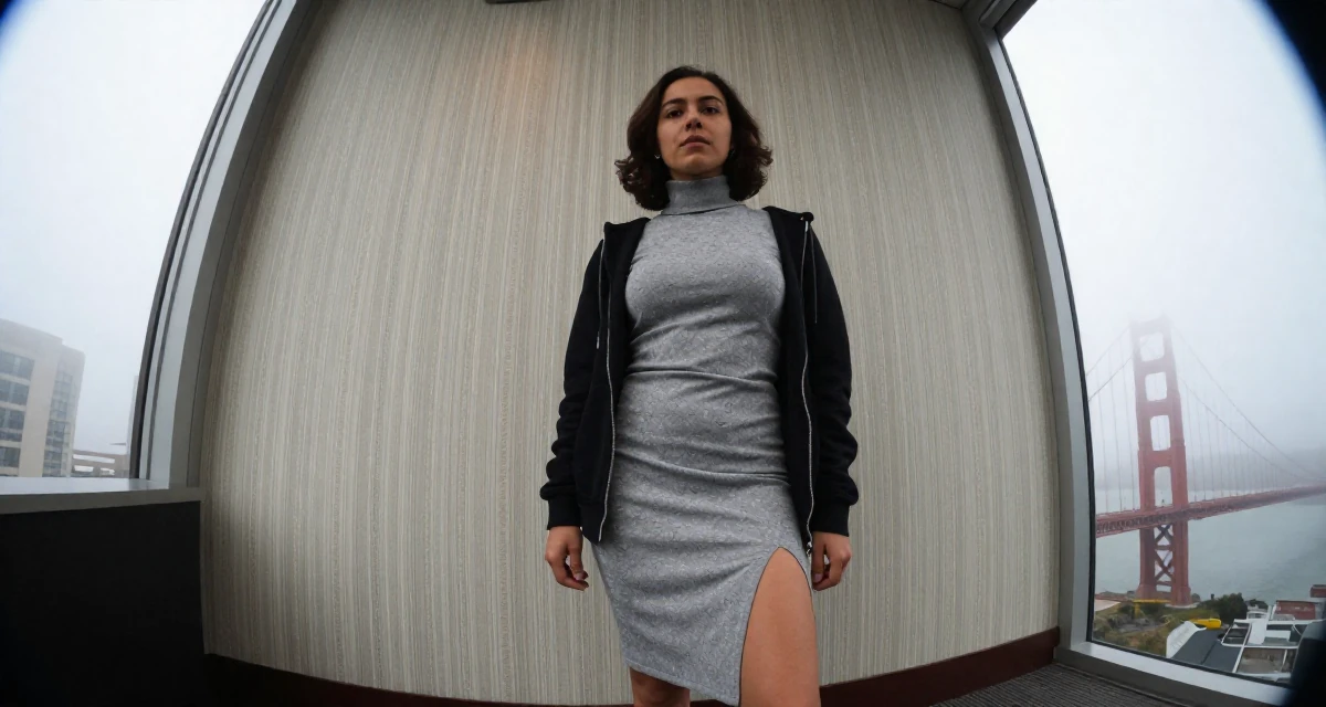 A stoic Female Once a freelance translator, now exploring multilingual creator content in their 24, navigating office politics for the first time,
wearing a sleeveless turtleneck dress with high side slits, zipping up a hoodie in a high-rise office building.