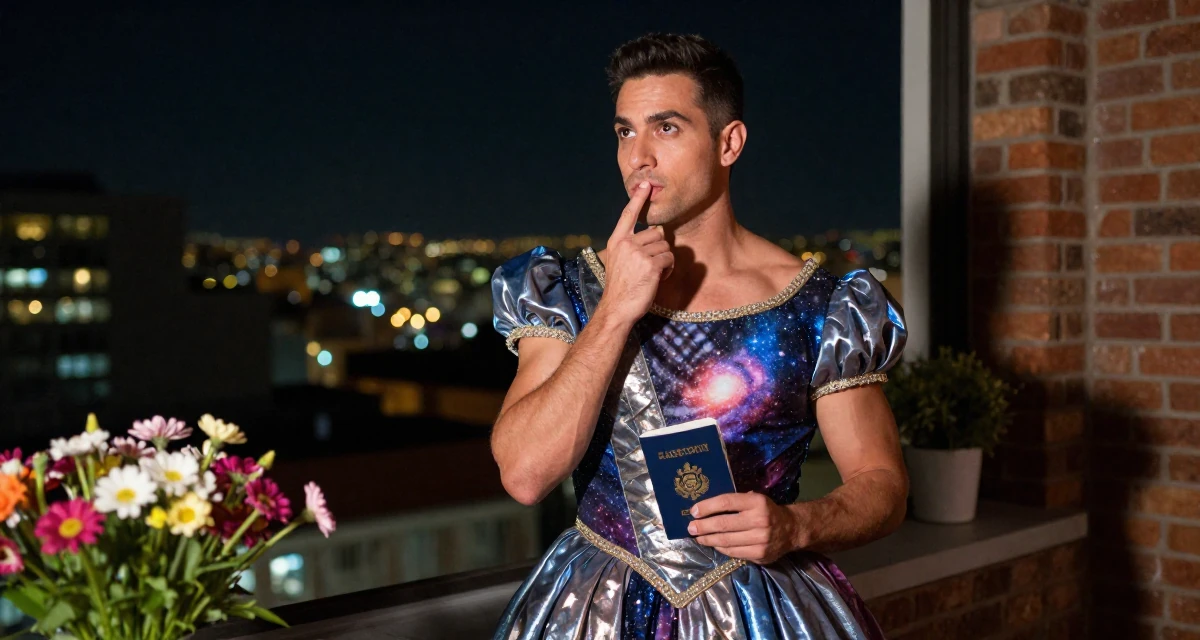 A thoughtful male From Chile, majored in astronomy in their 40, fit and active lifestyle advocate,
wearing a galactic princess gown with metallic fabrics, holding a passport in a loft apartment with brick walls.