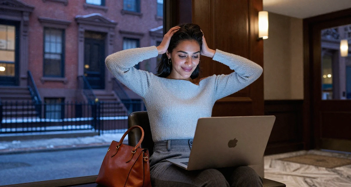 A hopeful Female From USA, majored in journalism and media studies in their 23, pretending everything is fine while barely covering bills,
wearing a off-the-shoulder knit top and dress pants, carrying a leather handbag in a hotel lobby.