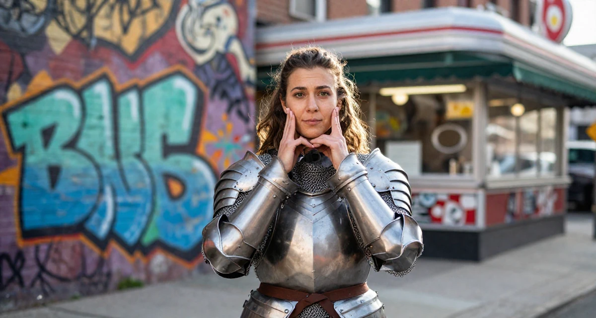 A proud and dignified Female Once a biology teacher, now exploring artistic movement expression in their 22, learning workplace expectations and boundaries,
wearing a female knight armor with a tabard and chainmail, holding a water bottle in a urban street.