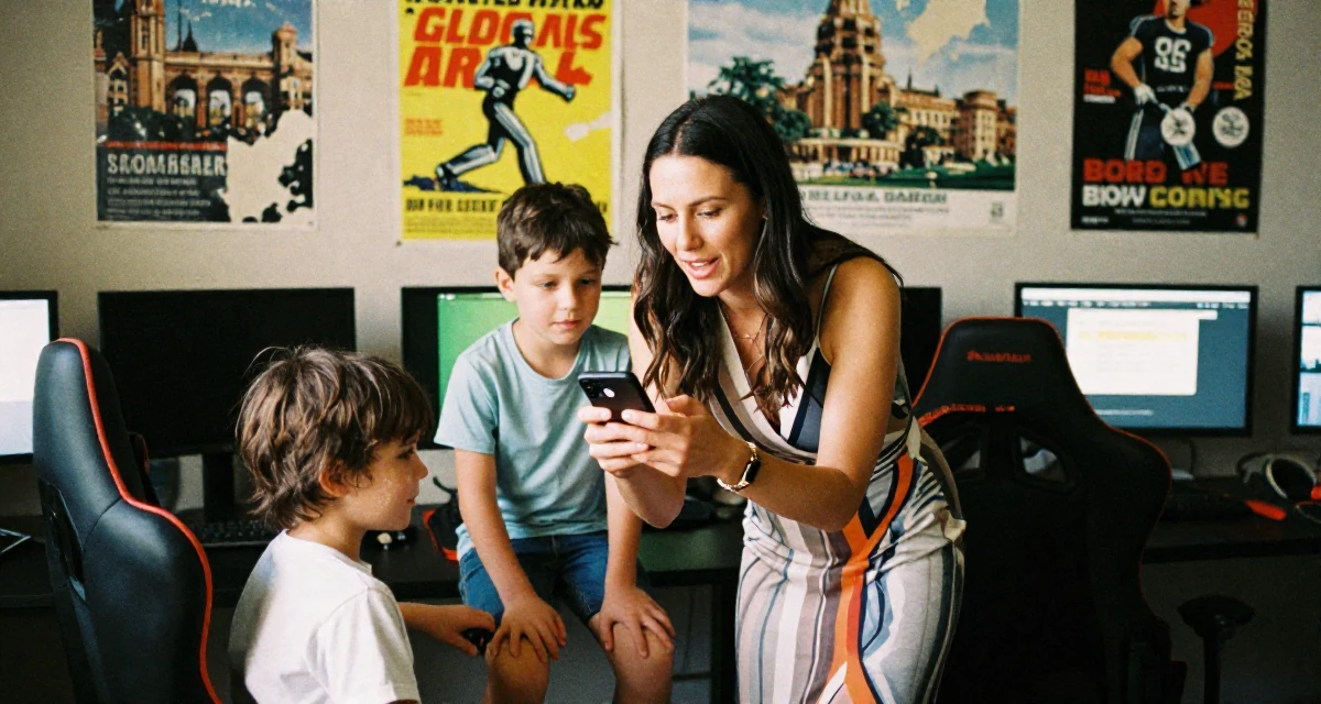 A hopeful Female From Australia, studied sports science and nutrition in their 33, balancing two kids and a growing business,
wearing a sophisticated midi dress, checking a notification on a phone in a gaming room.