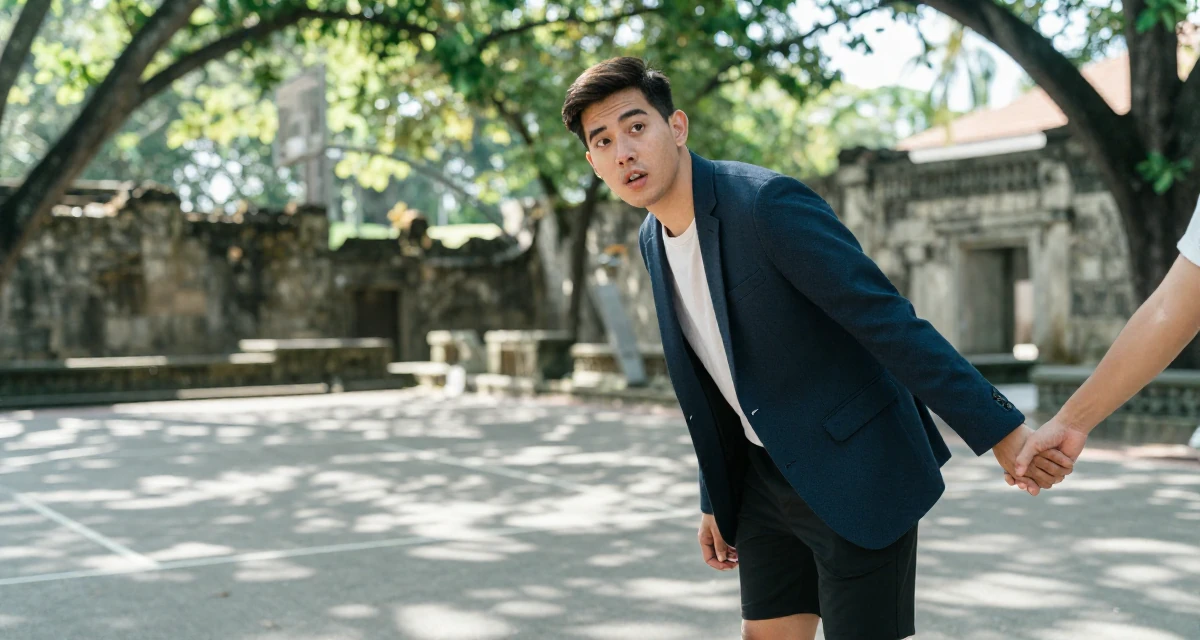 A subtly surprised male From the Philippines, based in Cebu City, graduated from a local college majoring in public relations in their 25, saving up for the first major independent purchase,
wearing a structured blazer with shorts, holding hands with someone unseen in a basketball court.