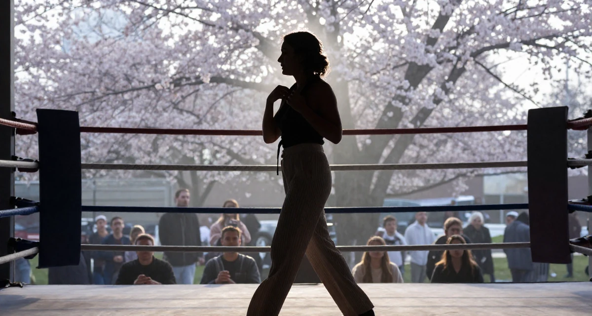 A radiant Female From Las Vegas USA, learned burlesque performance and crowd engagement in their 39, building a brand around authentic storytelling,
wearing a relaxed fit pleated trousers, adjusting a collar in a boxing ring.