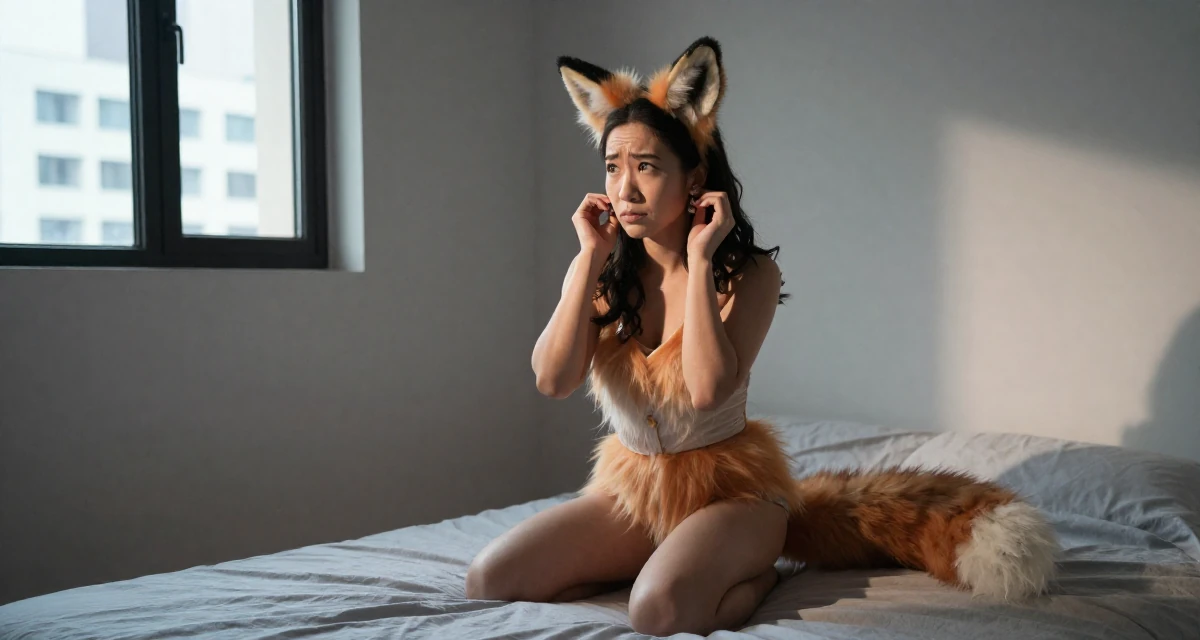 A confused Female From Hong Kong, trained in contemporary dance and visual expression in their 23, building first professional networks,
wearing a fox spirit (kitsune) outfit with fluffy ears and tails, putting on earrings in a minimalist bedroom.