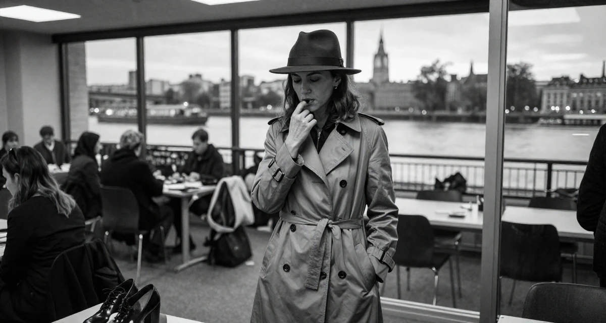 A solemn but kind Female From Argentina, based in Buenos Aires, graduated from a media institute majoring in flirtatious content styling in their 30, feeling established and financially stable,
wearing a detective trench coat and fedora hat, looking down at shoes in a glass-walled conference room.
