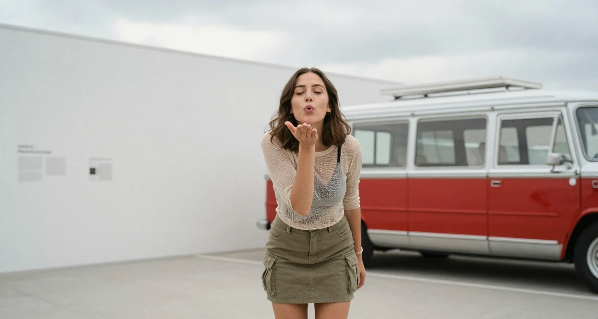 A warmhearted Female From Austria, based in Graz, graduated from an arts academy majoring in emotional portrait direction in their 22, adjusting to the exhaustion of a 9-to-5 routine,
wearing a layered mesh top and cargo mini skirt, blowing a kiss in a museum exhibit.