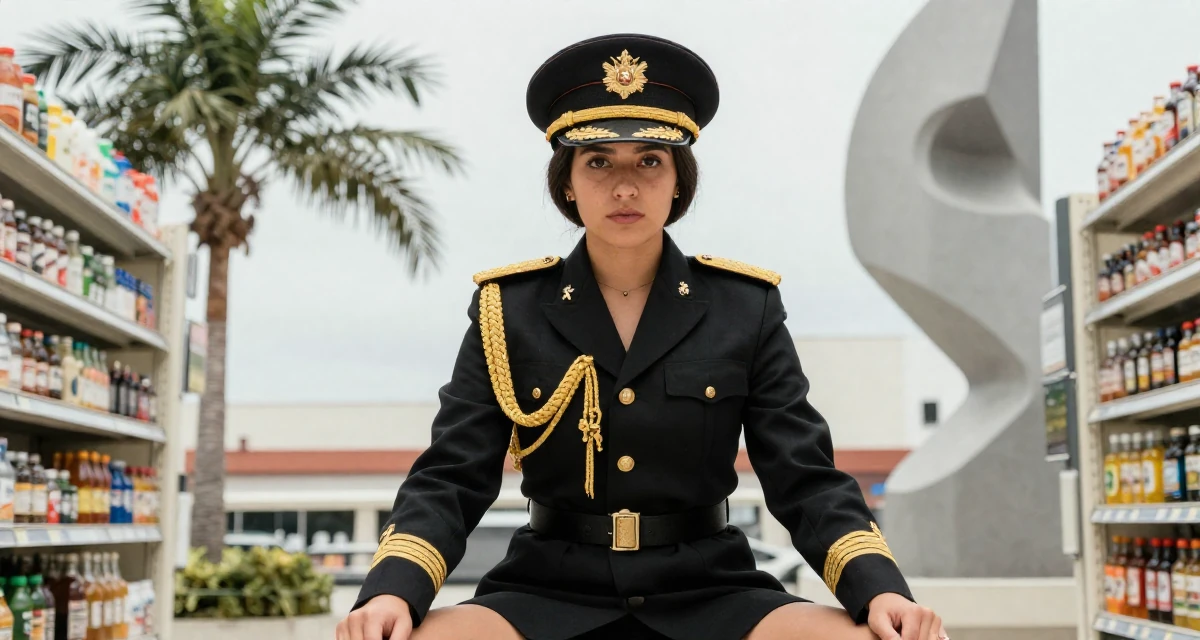 A fearless Female From Colombia, based in Cali, graduated from a local arts school majoring in glam-focused digital media in their 24, forming long-term goals for the first time,
wearing a military general uniform with gold braiding and a hat, holding hands with someone unseen in a supermarket aisle.