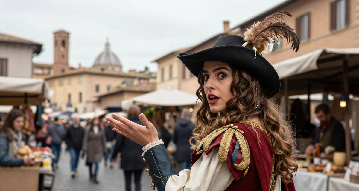 A surprised Female From Rome Italy, majored in art history in their 22, building a seductive aesthetic while protecting privacy,
wearing a royal musketeer tunic with a feathered hat, gesturing while talking in a bustling market.