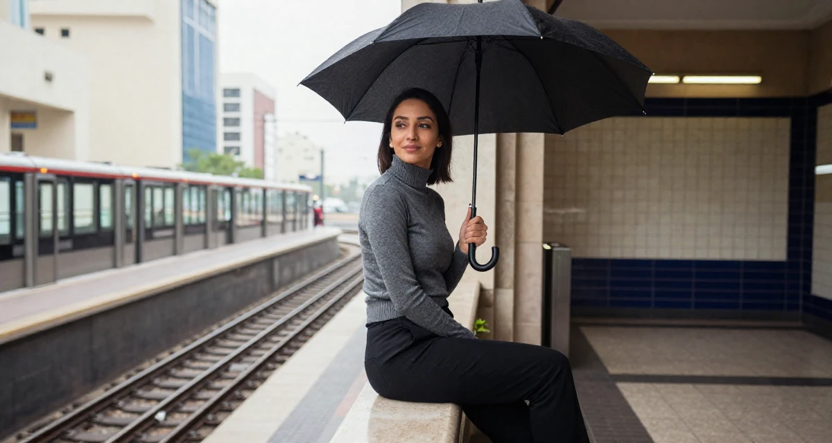 A serene and peaceful Female From Abu Dhabi UAE, learned studio production and lighting design in their 32, advocating for work-life boundaries,
wearing a sophisticated turtleneck and trousers, holding an umbrella in a opera house balcony.