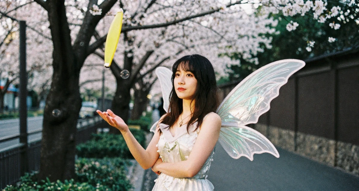 A confident and poised Female Once a bookstore clerk, now offering cozy aesthetic subscription content in their 25, juggling early career and side gigs,
wearing a fairy costume with translucent iridescent wings, crossing arms confidently in a cherry blossom park.