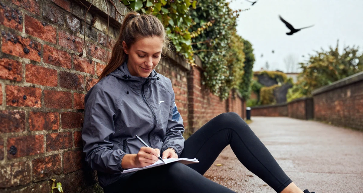 A warm Female From France, studied fashion design in their 20, capturing every moment for the aesthetic,
wearing a sporty windbreaker and leggings, holding a pen poised to write in a zoo pathway.