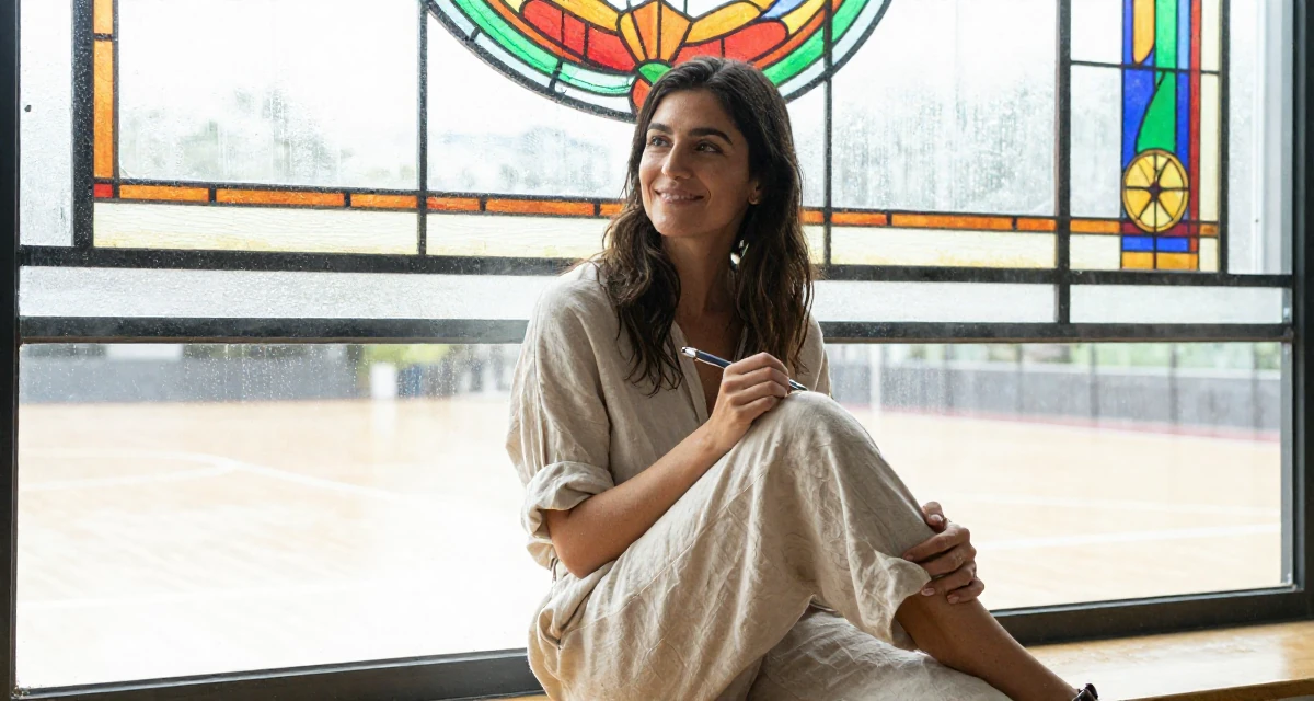 A lighthearted Female From Córdoba Argentina, studied emotional storytelling in photography in their 24, establishing a distinct professional reputation,
wearing a loose-fitting linen trousers, holding a pen poised to write in a basketball court.