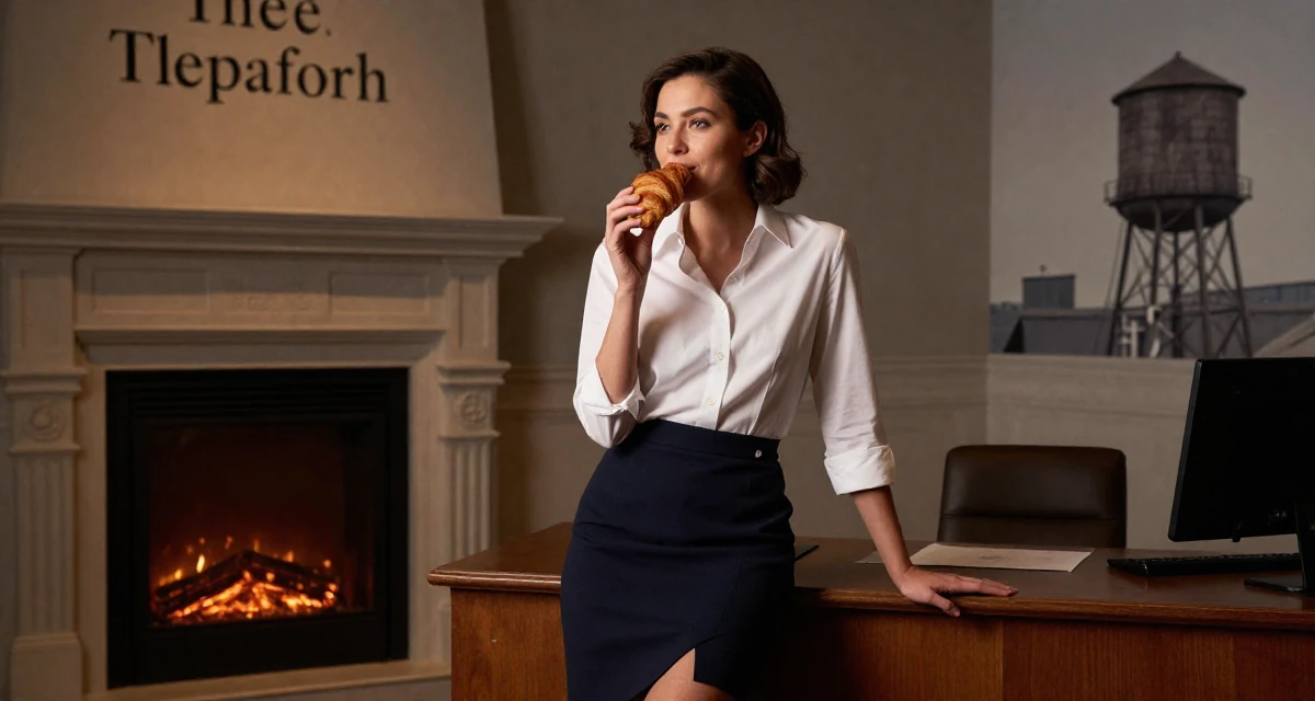 A refreshed Female Former receptionist at a spa, now blending wellness with creator content in their 39, building a brand around authentic storytelling,
wearing a asymmetrical hem skirt and a crisp white shirt, eating a croissant in a museum exhibit.